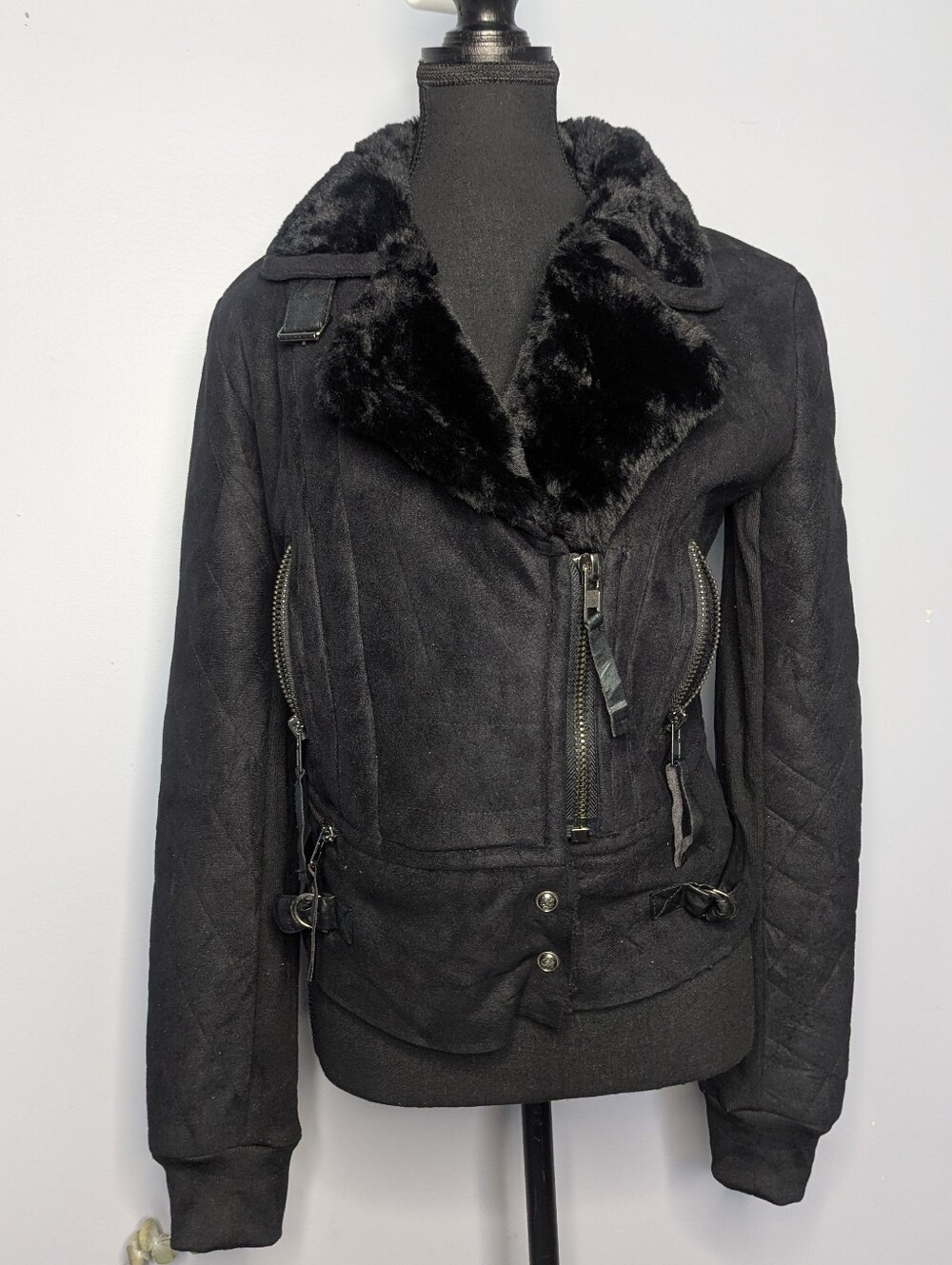 Miss Me Y2K Faux Leather Knit Mixed Media Moto Jacket Faux Fur Collar L